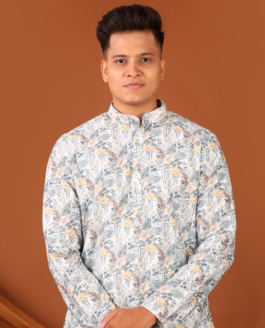 Pale Blue Tropical-Leaf Printed Full-Sleeved Men's Kurta