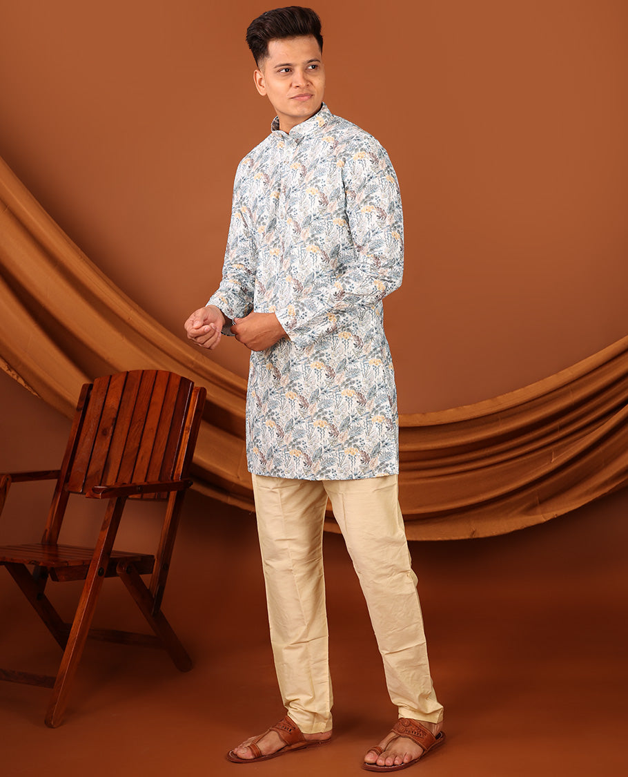 Pale Blue Tropical-Leaf Printed Full-Sleeved Men's Kurta