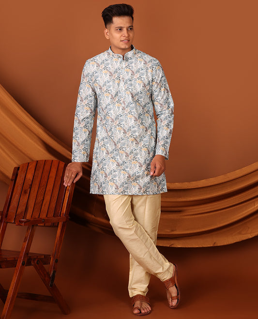 Pale Blue Tropical-Leaf Printed Full-Sleeved Men's Kurta