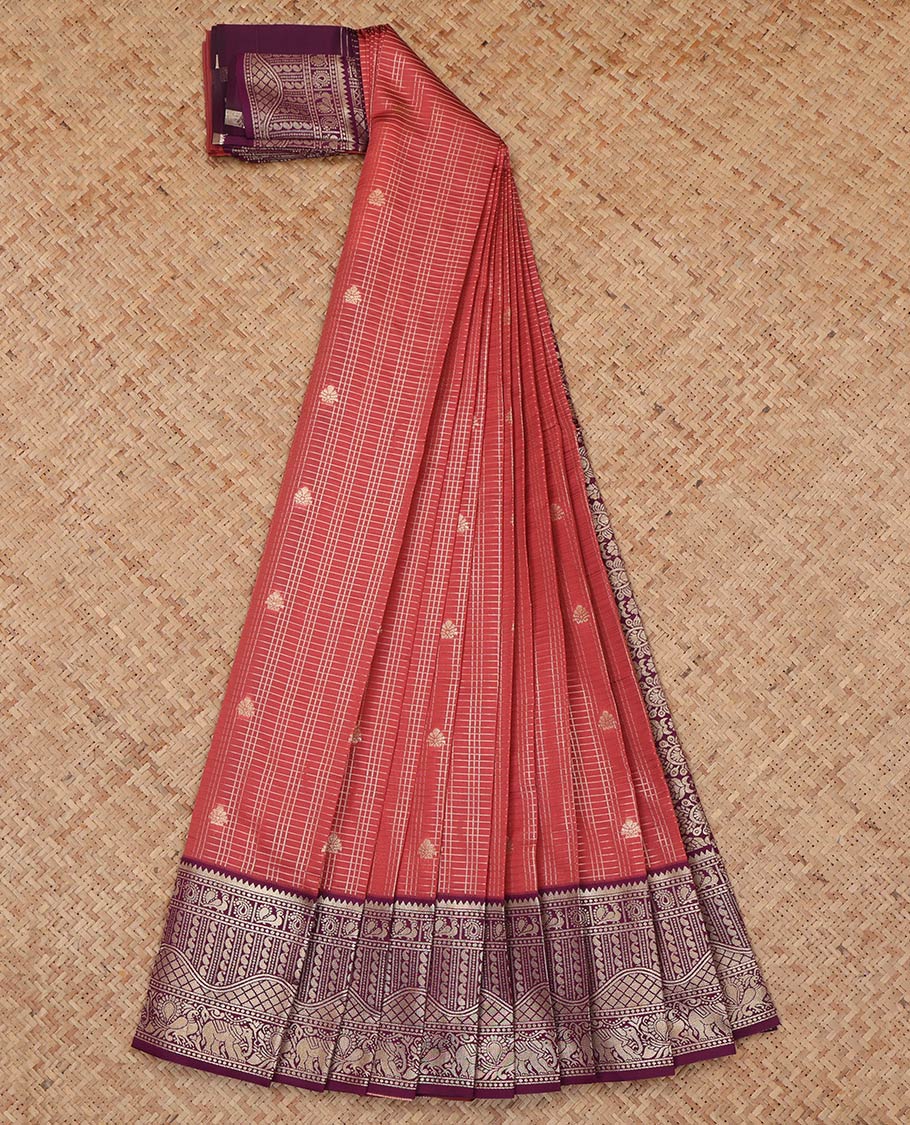 Terracotta Red Litchi Saree, Detailed with Zari Buttas, a Contrast Traditional Zari Border, a Grand Pallu, and a Contrast Blouse