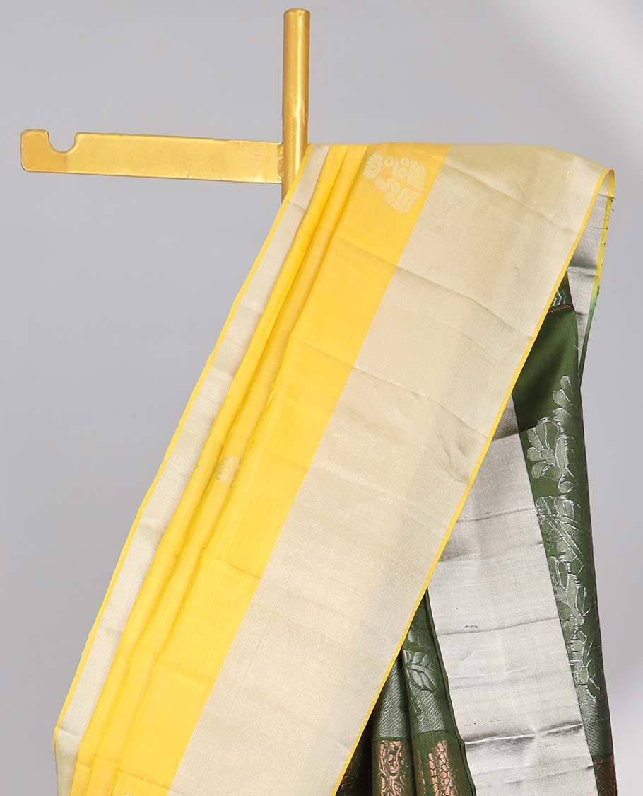 Yellow leaf buttas soft silk saree with contrast zari border & floral zari design pallu