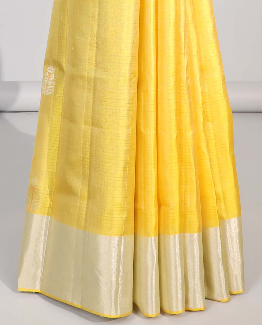 Yellow leaf buttas soft silk saree with contrast zari border & floral zari design pallu