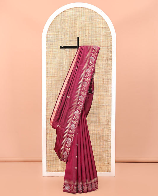 Wine Mayuri Soft Silk Saree, Subtly Woven with Manga Buttas All Over Its Body, Highlighted and Temple Border of Floral Creeper Designs, Pallu of Floral Designs, and Paired with a Matching Blouse