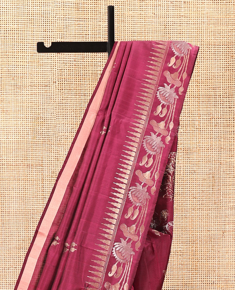 Wine Mayuri Soft Silk Saree, Subtly Woven with Manga Buttas All Over Its Body, Highlighted and Temple Border of Floral Creeper Designs, Pallu of Floral Designs, and Paired with a Matching Blouse