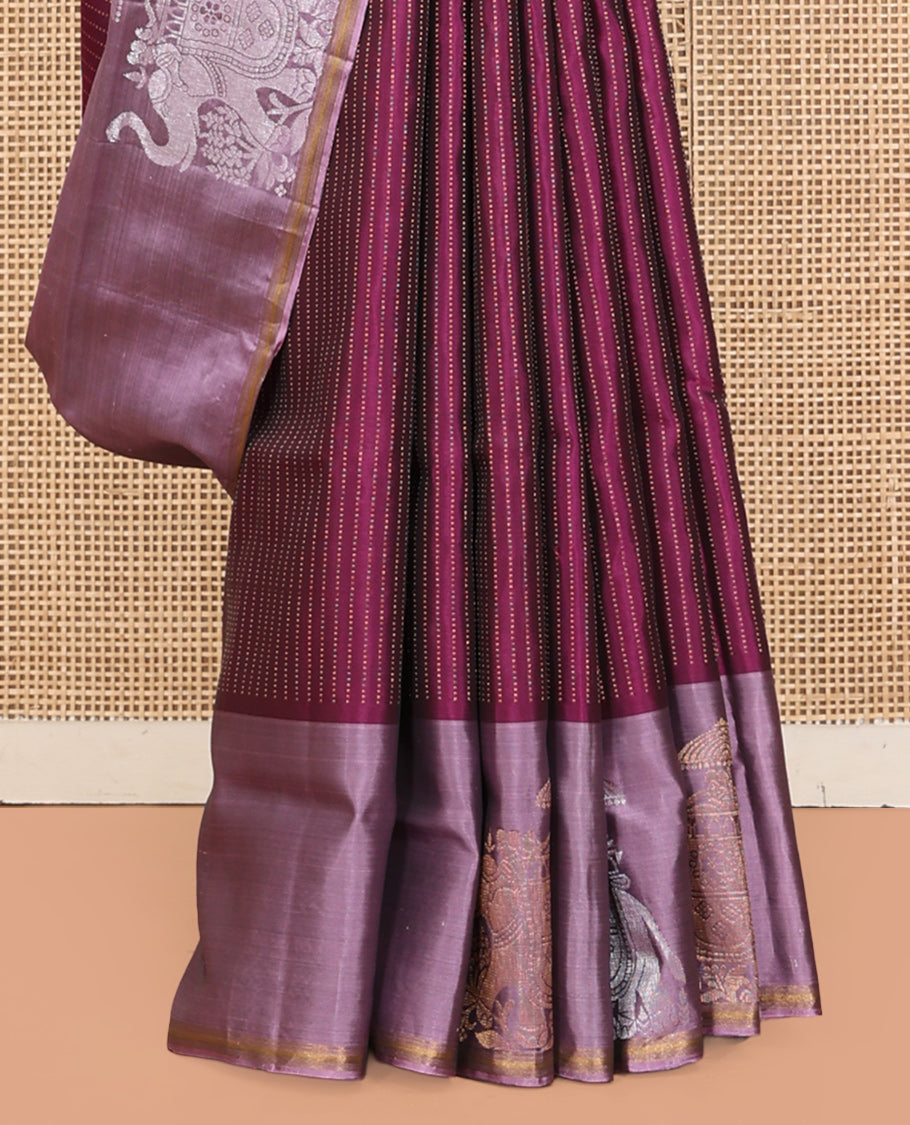 Purple Mayuri Lite Silk Mix Saree, Adorned with Muthu Stripes, Complemented by a Contrast Yaanai Zari Border, an Intricate Pallu, and a Contrast Blouse
