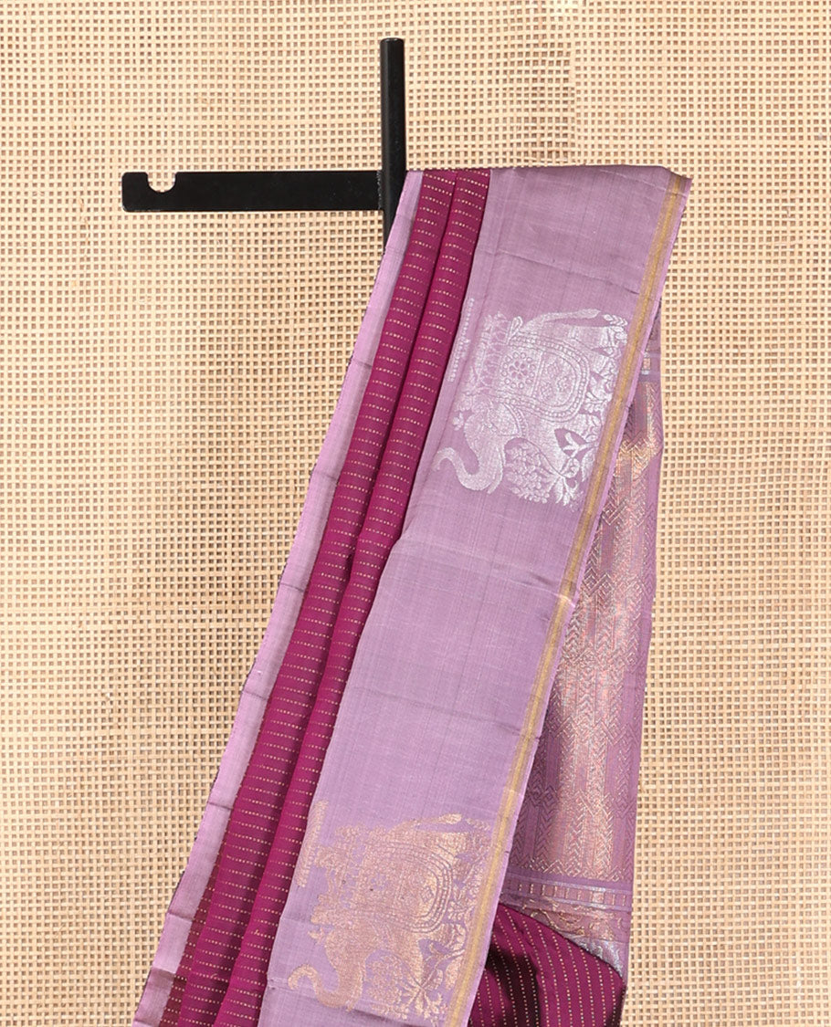 Purple Mayuri Lite Silk Mix Saree, Adorned with Muthu Stripes, Complemented by a Contrast Yaanai Zari Border, an Intricate Pallu, and a Contrast Blouse