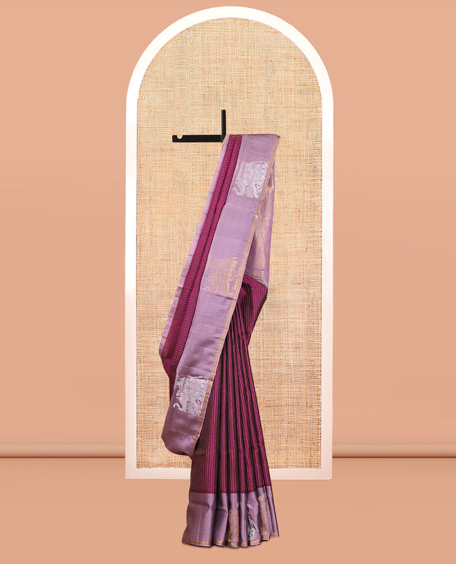 Purple Mayuri Lite Silk Mix Saree, Adorned with Muthu Stripes, Complemented by a Contrast Yaanai Zari Border, an Intricate Pallu, and a Contrast Blouse