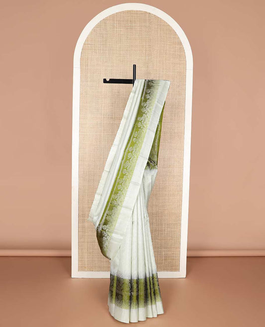 Beige mayuri soft silk saree with floral design border & chevron design pallu