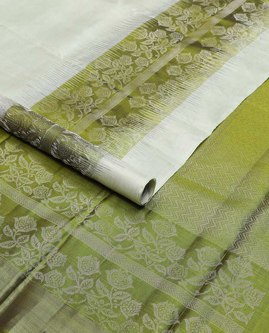 Beige mayuri soft silk saree with floral design border & chevron design pallu