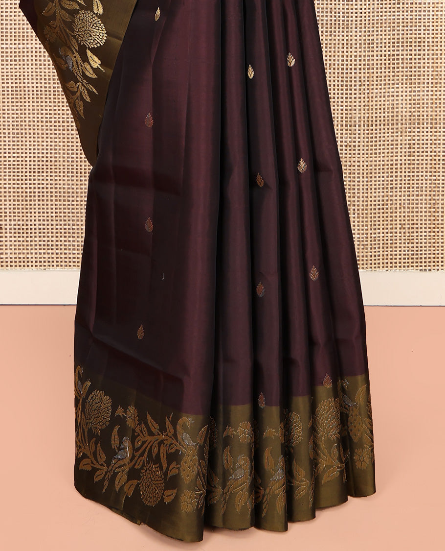 Brown Mayuri Lite Silk Mix Saree, Adorned with Zari Buttas All Over Its Body, Complemented by a Contrast Floral and Peacock Design Border, Pallu of Jaal Designs, and Paired with a Contrast Blouse