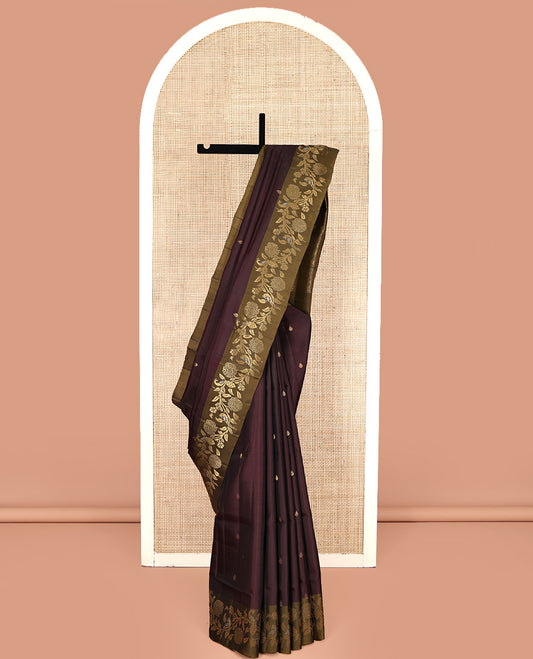 Brown Mayuri Lite Silk Mix Saree, Adorned with Zari Buttas All Over Its Body, Complemented by a Contrast Floral and Peacock Design Border, Pallu of Jaal Designs, and Paired with a Contrast Blouse