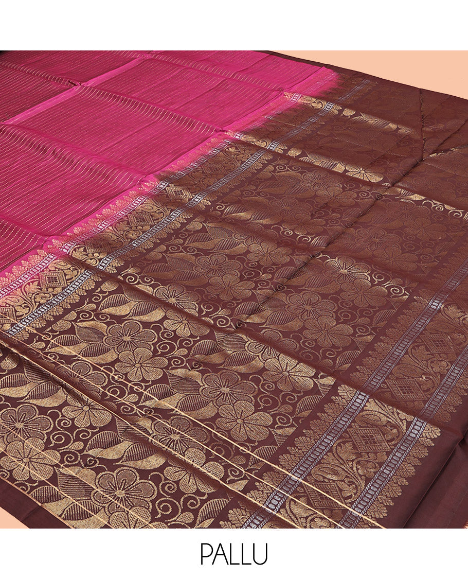 Magenta Mayuri Lite Silk Mix Saree, Mesmerized with Zari Stripes, Contrast Kambi Kolam Motif Border, Pallu of Floral Designs, and a Contrast Blouse