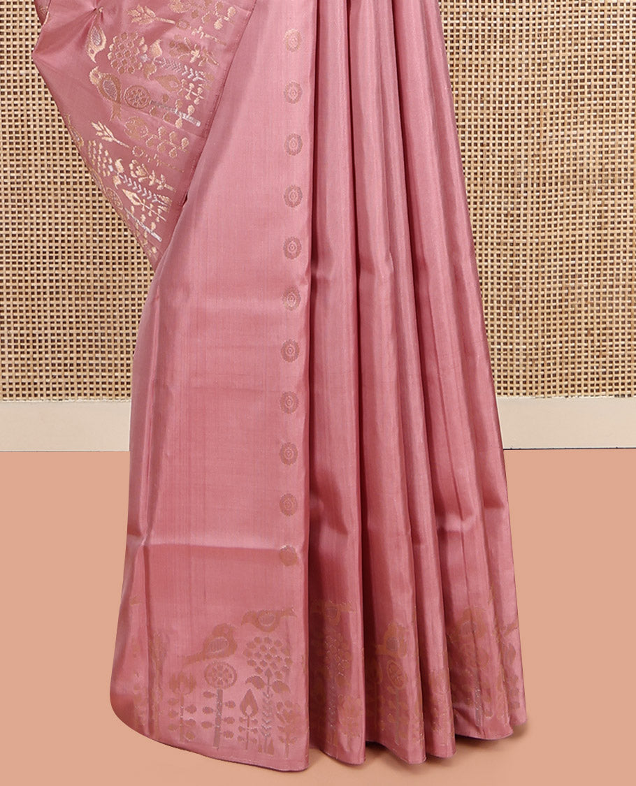 Pink Mayuri Soft Silk Saree, Subtly Enriched with Buttas, Subtly Woven Border, Pallu of Geometric Designs, and a Matching Blouse
