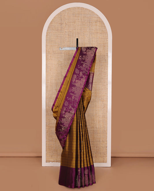 Mustrad Mayuri Soft Silk Saree Adorned with Stripes and Buttas All Over Its Body, Complemented by a Contrast Border Picturing Tropical Floral Zari Designs in Zari, Gracefully Embellished Pallu, and Paired with a Contrast Blouse