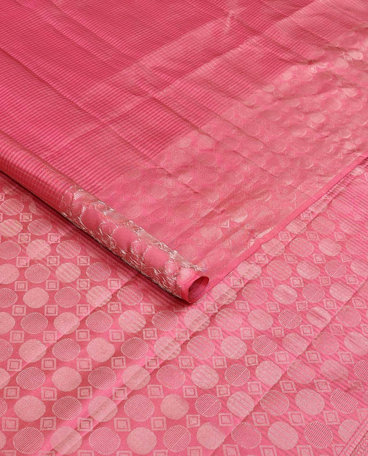 Pink muthu striped soft silk saree, self-border, and pallu steeped with geometric patterns