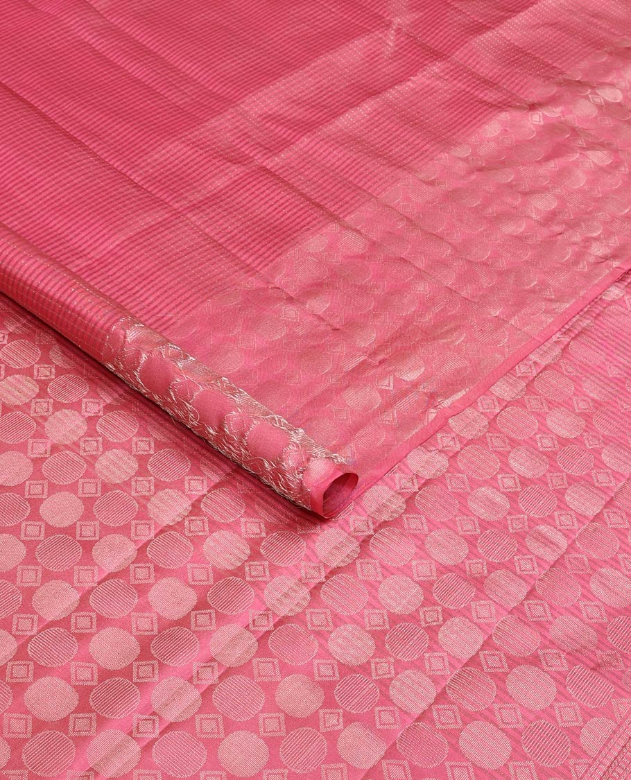 Pink muthu striped soft silk saree, self-border, and pallu steeped with geometric patterns