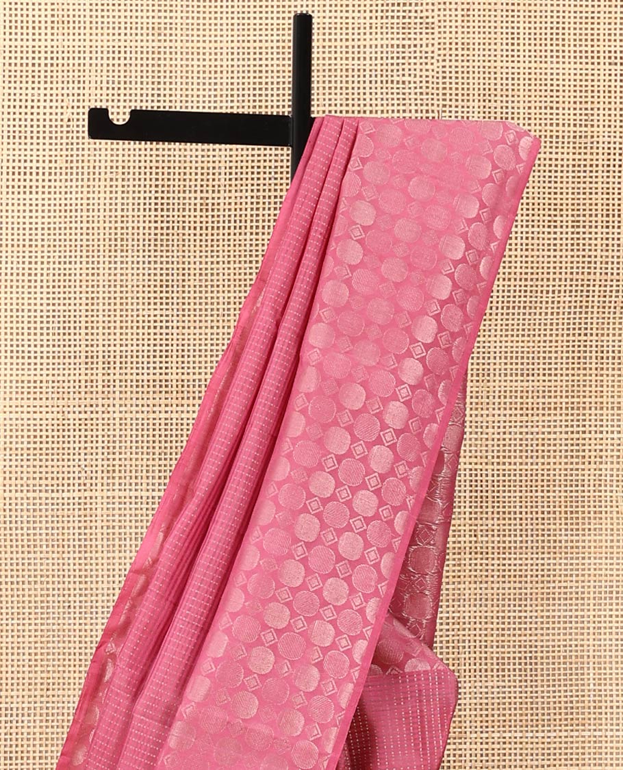 Pink muthu striped soft silk saree, self-border, and pallu steeped with geometric patterns