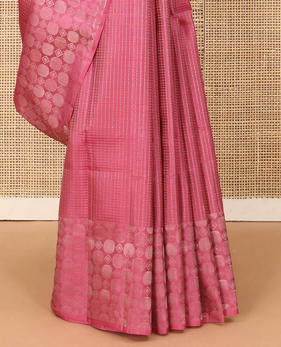 Pink muthu striped soft silk saree, self-border, and pallu steeped with geometric patterns