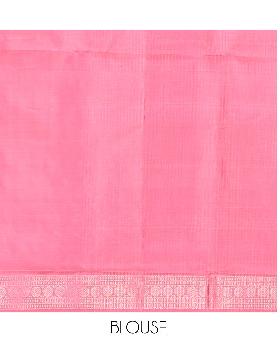 Pink muthu striped soft silk saree, self-border, and pallu steeped with geometric patterns