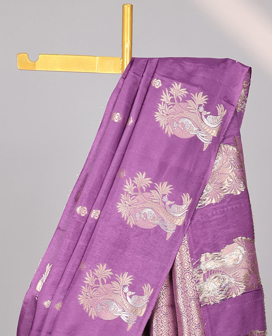 Purple floral design mushru silk saree with self floral border & intricate jaal design pallu