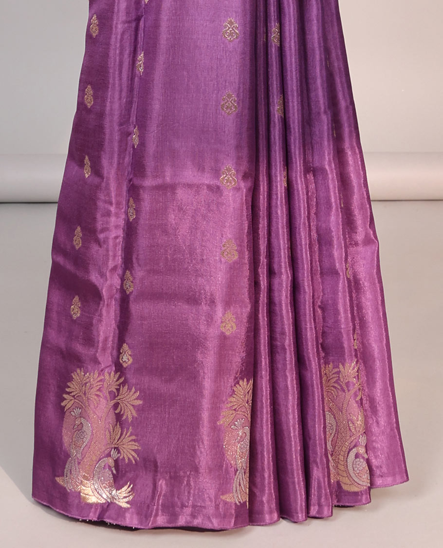 Purple floral design mushru silk saree with self floral border & intricate jaal design pallu