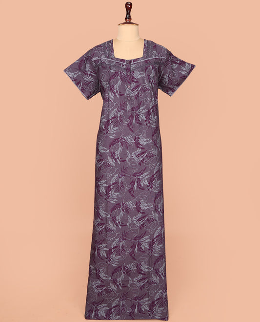 Grey Cotton Nighty Adorned with Floral Patterns Print, Featuring Lace Work, Square Front Neck, and Half Sleeves