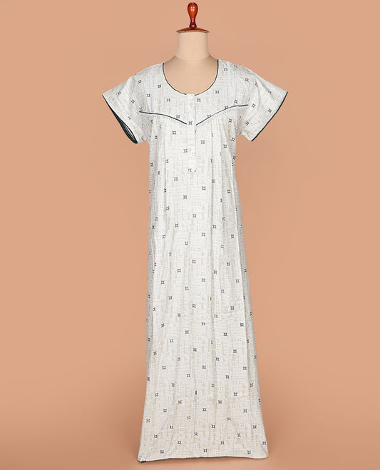 Beige geometric printed with round neck lace work, half-sleeve nighty