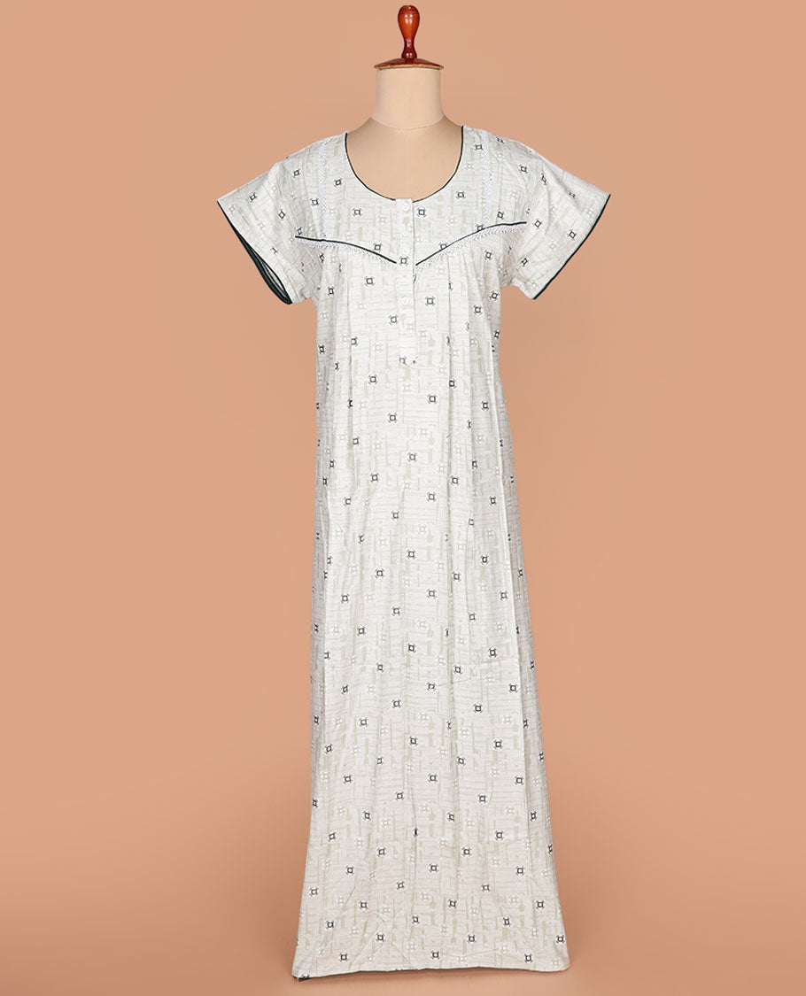Beige geometric printed with round neck lace work, half-sleeve nighty