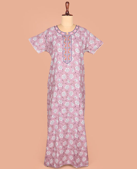 Pale Purple Cotton Nighty Adorned with Floral Vine Patterns Print, Featuring Neck Embroidery Work, Round Front Neck, and Half Sleeves