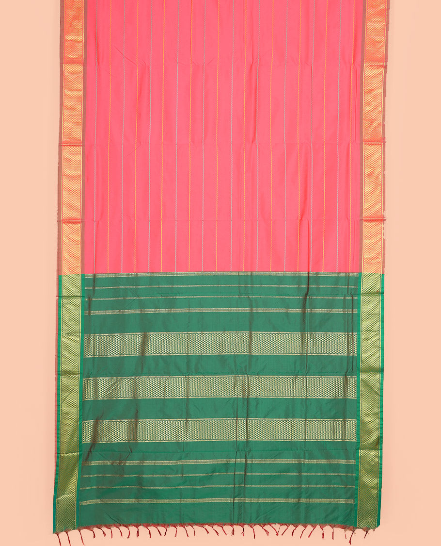 Pink Ten-Yard Art Silk Saree Detailed with Neli Stripes, Complemented by a Contrast Traditional Ara Maadam Border, and Pallu Adorned with Zari Designs
