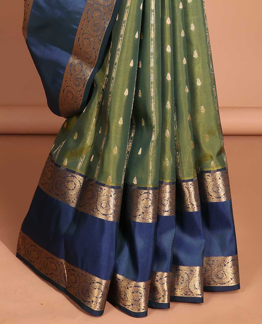 Green stripe, floral vasundhara elite silk saree with contrast floral zari border & checked zari design pallu