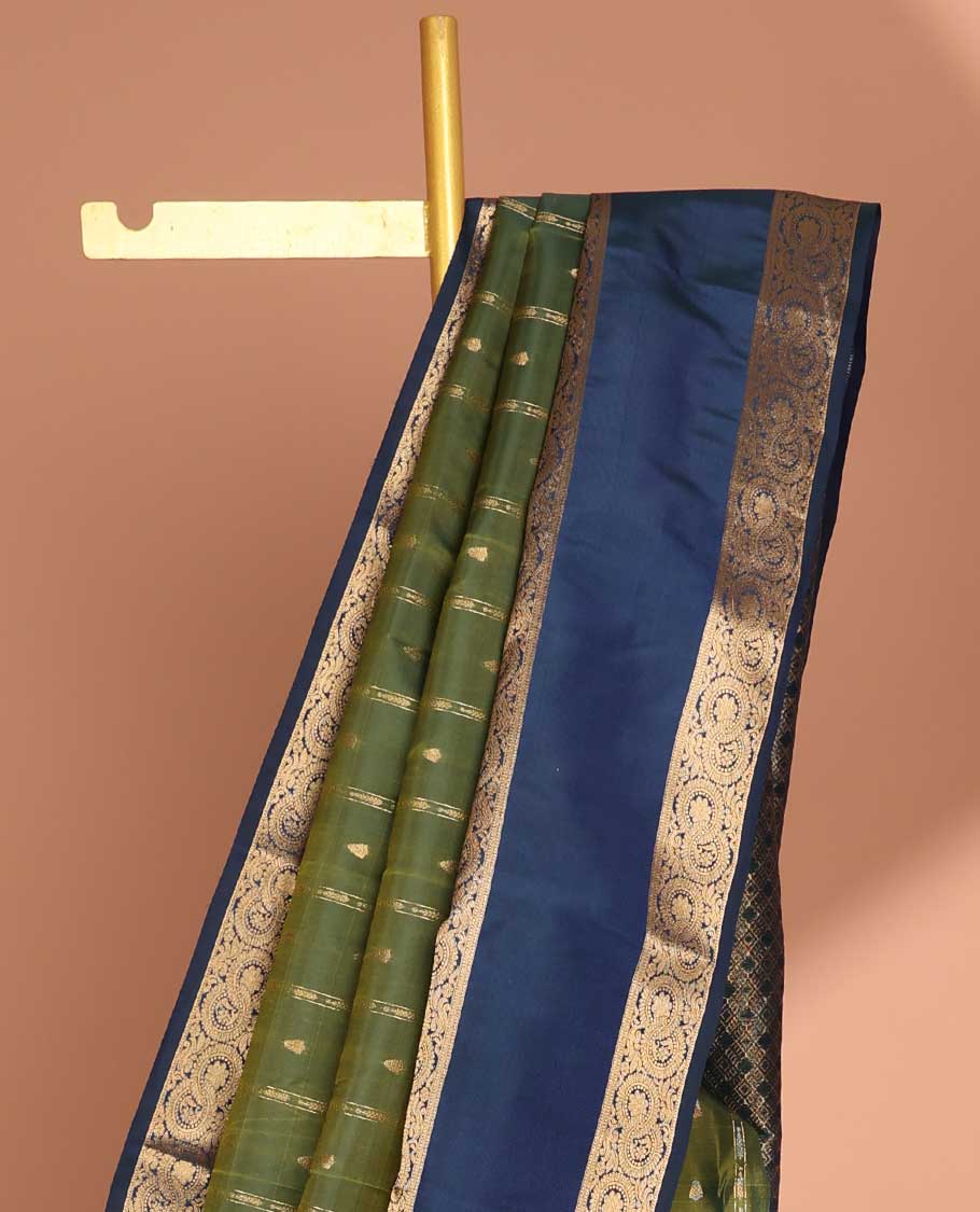 Green stripe, floral vasundhara elite silk saree with contrast floral zari border & checked zari design pallu