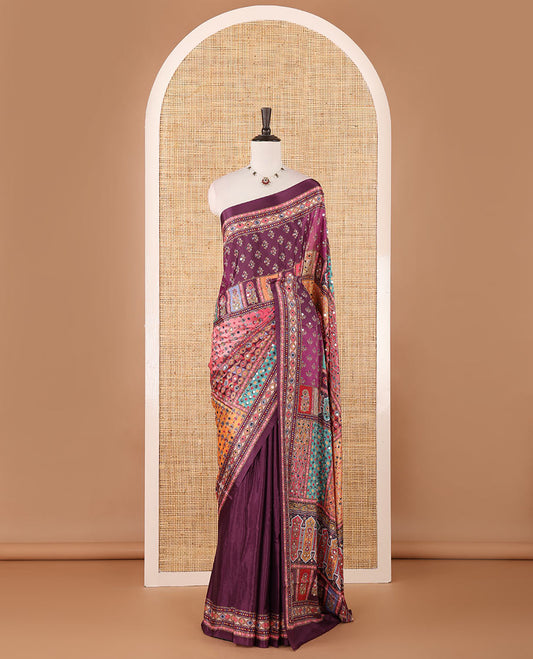 Multi-colour geometric printed, mirror work masakali saree with printed, mirror work border & printed pallu along with plain blouse