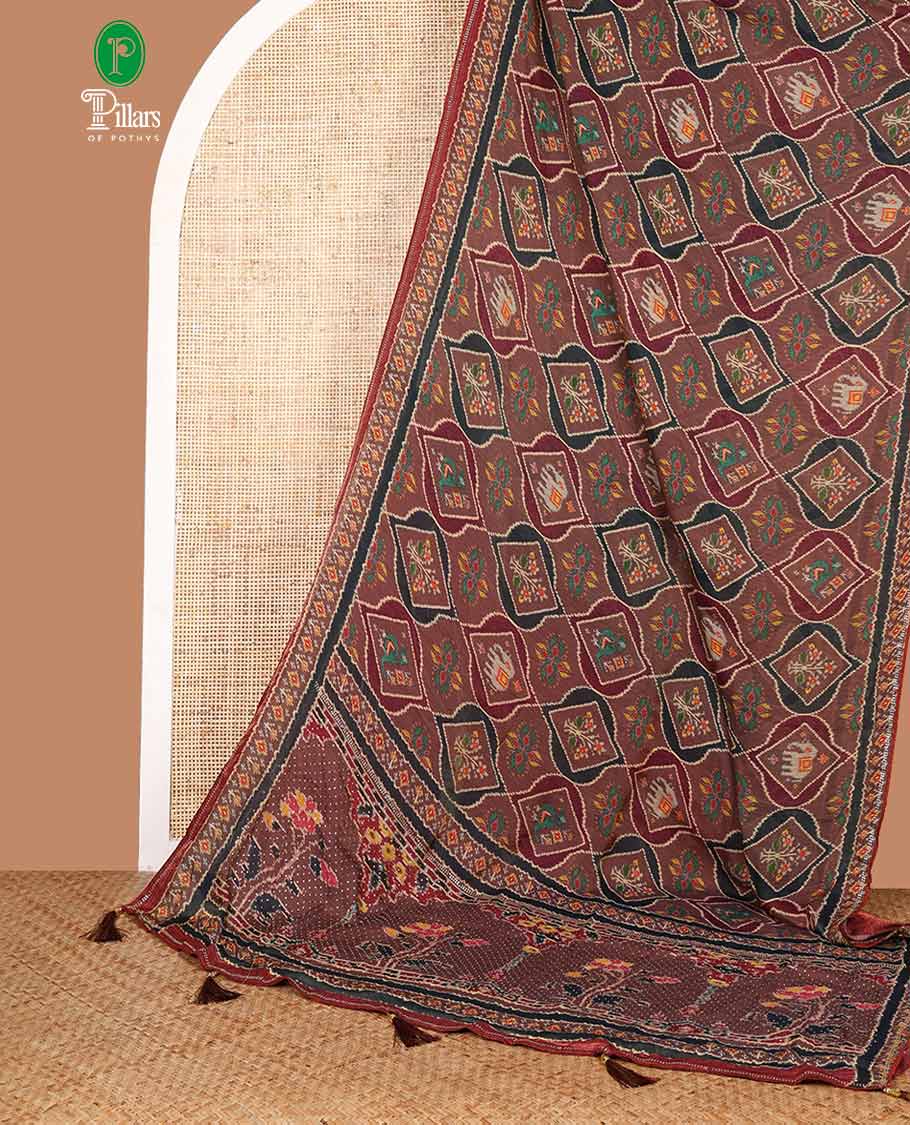 Black pochampally digital printed fendy crepe saree with swarovski stone, lace border & self pallu along with plain blouse