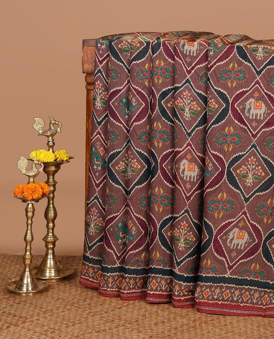 Black pochampally digital printed fendy crepe saree with swarovski stone, lace border & self pallu along with plain blouse