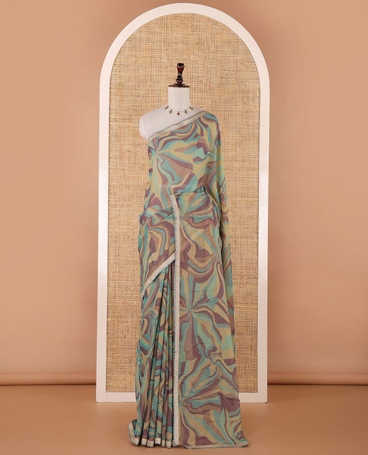 Rama green digital print chiffon shimmer saree with lace border & self pallu along with printed blouse