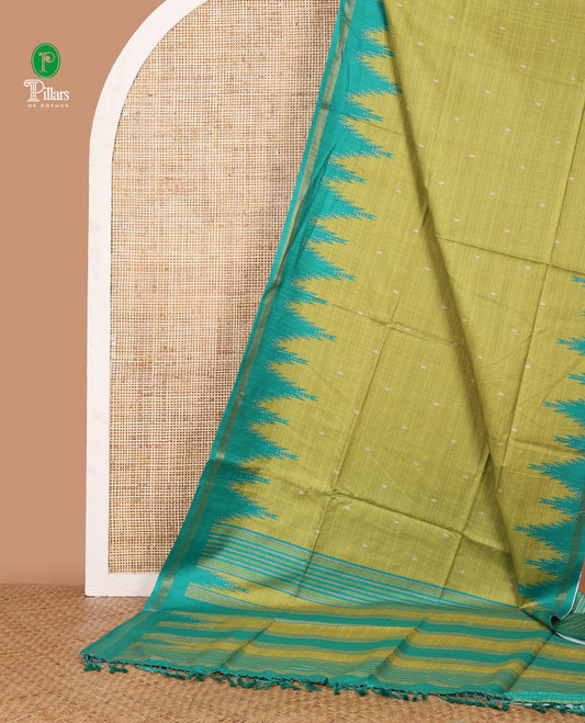 Apple green small butta design kathan silk saree with contrast temple border & striped, temple design pallu along with striped blouse