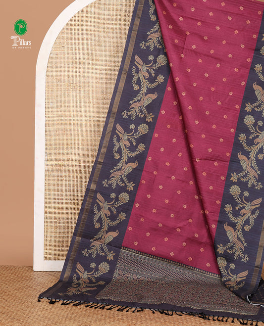 Purple flower motifs katan silk saree with contrast floral vine & bird printed border & geometric & argyle printed pallu