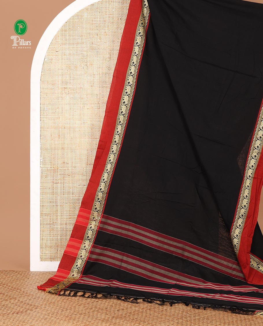 Black plain design masraise cotton saree, contrast border of temple & elephant designs & striped pallu