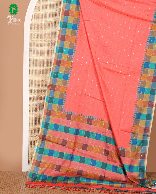 Tomato pink zari buttas Kathan silk saree, contrast border & pallu of multi-color checks & temple design, blouse of multi-color checks & buttas