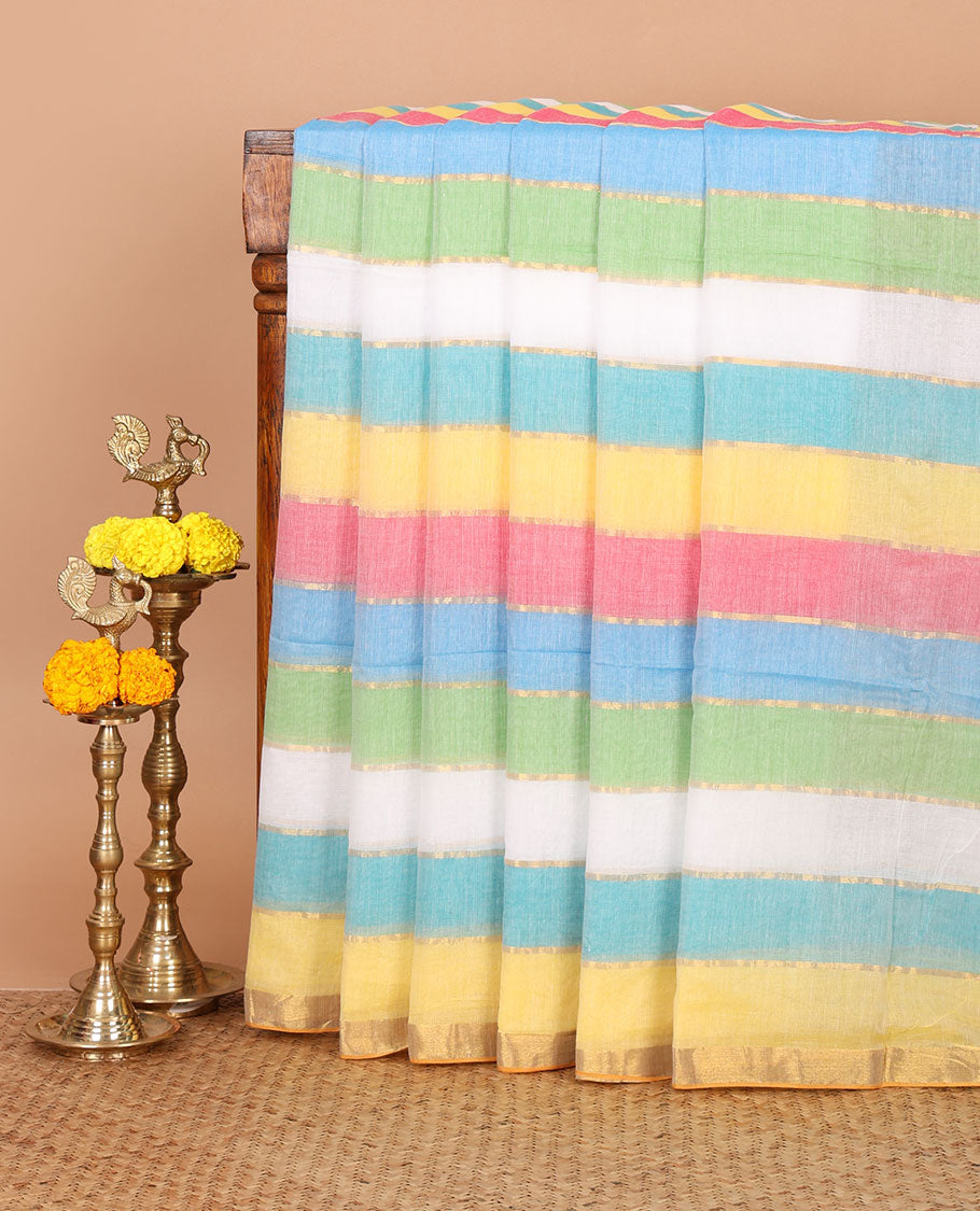Rainbow-color striped khadi cotton saree, zari border, self-pallu of multi-color tassels & multi-color striped blouse
