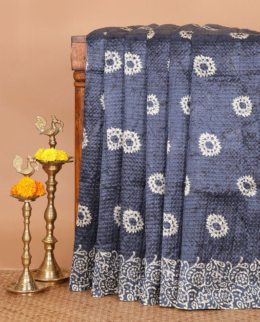 Grey batik-floral buttas printed litchi crushed saree, batik-floral printed border, printed pallu & butta print blouse