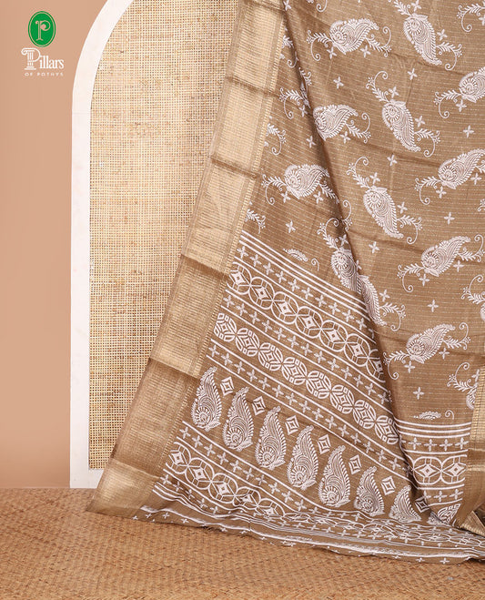 Tan color zari stripes & floral motifs printed dola silk saree, traditional zari border, printed pallu & small butta printed blouse