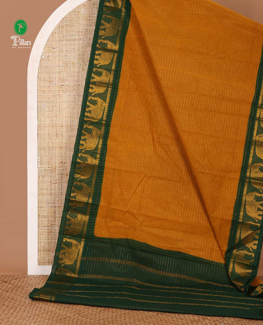 Mustard zari checked sungudi cotton saree, contrast temple & elephant motifs border, zari striped pallu & zari design contrast blouse