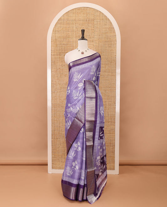 Lavender zari striped & floral printed dola silk saree,contrast zari design border,floral-paisley print pallu, printed-zari-work blouse