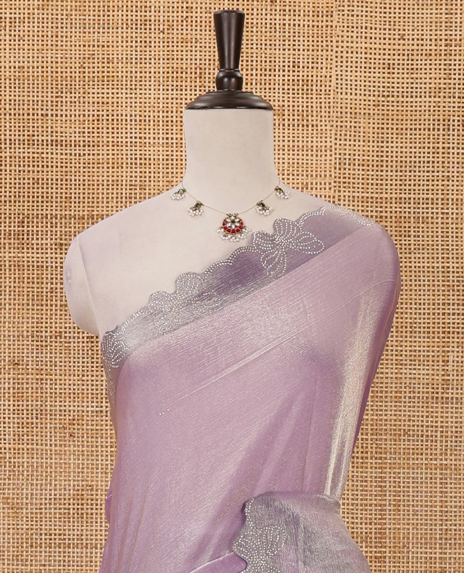 Light violet full-plain Fendi chiffon saree, scallop butterfly-style Swarovski stone work border & stone work matching blouse