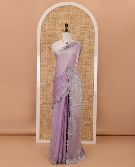 Light violet full-plain Fendi chiffon saree, scallop butterfly-style Swarovski stone work border & stone work matching blouse