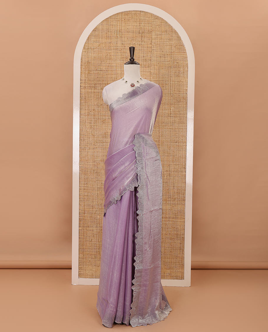 Light violet full-plain Fendi chiffon saree, scallop butterfly-style Swarovski stone work border & stone work matching blouse
