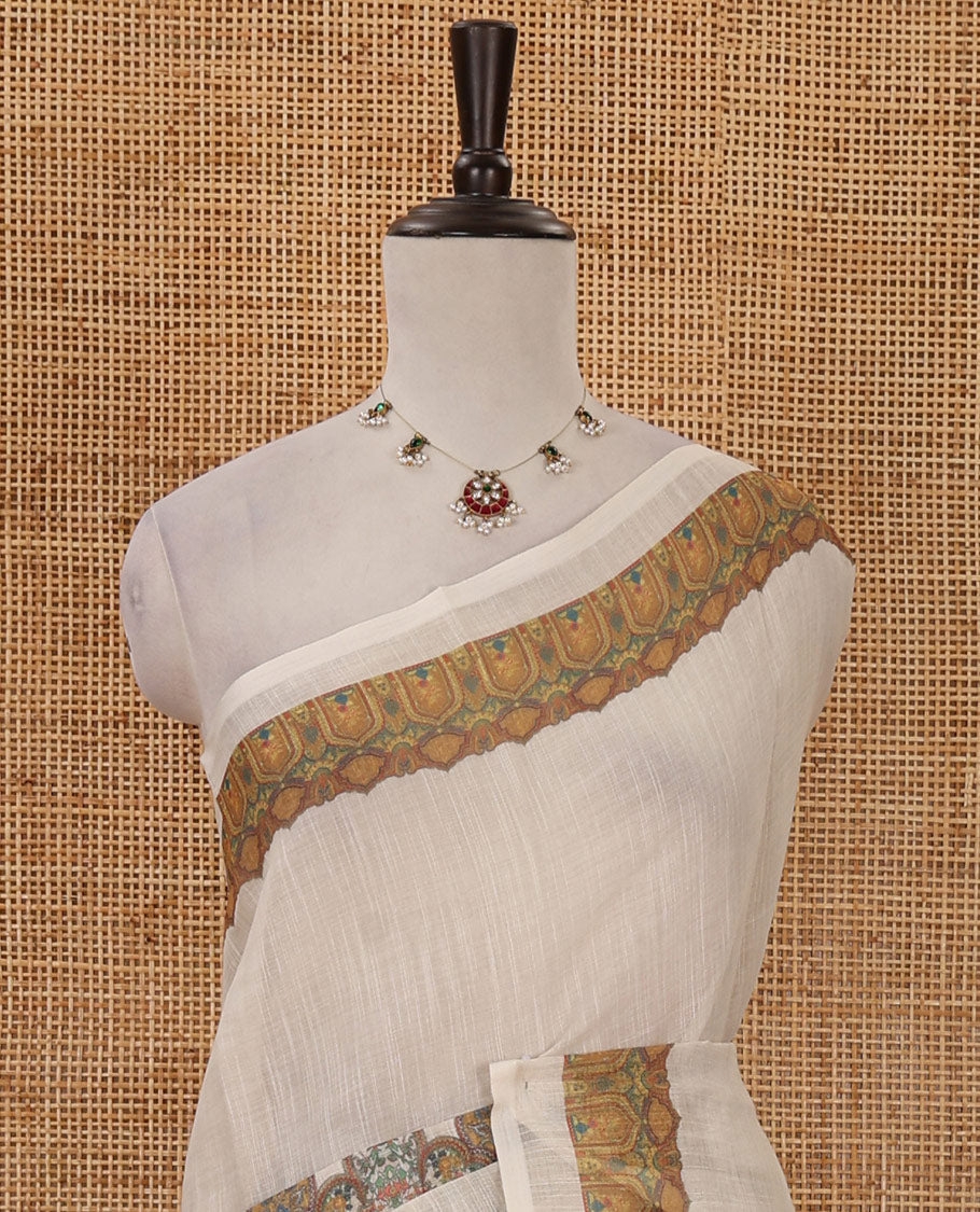 White half-plain & half-printed body linen cotton saree, Mughal-style printed border, Mughal-style printed pallu & scallop printed blouse