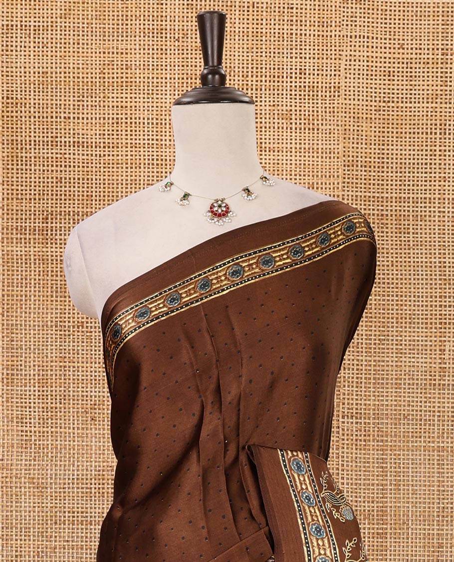 Brown handblock-style dots & floral digital printed skirt-border gajji silk saree, floral-geometric print pallu & matching chevron printed blouse